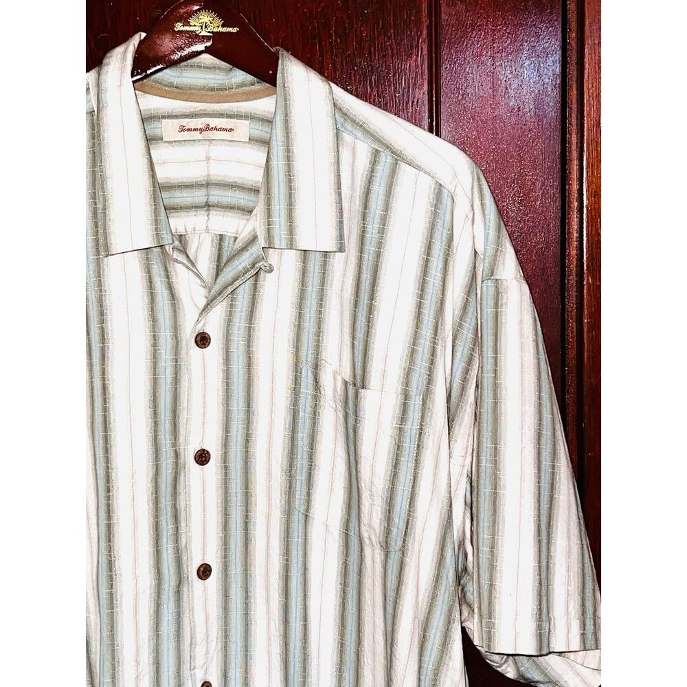 TOMMY BAHAMA LT BLUE SAGE WHITE STRIPED TEXTURED SILK SHIRT XXL / 2XL